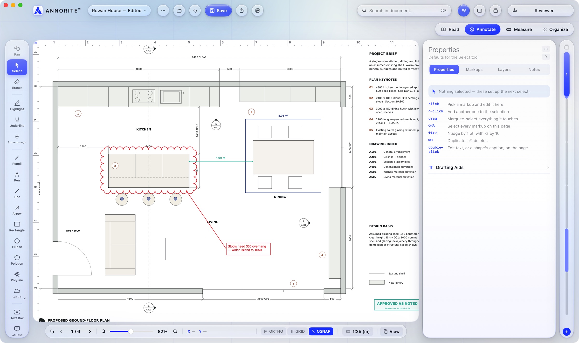 Annorite showing the Rowan House ground-floor plan: the kitchen island clouded with a callout, the dining zone measured, the aisle dimensioned, the stools counted and an Approved as Noted stamp.