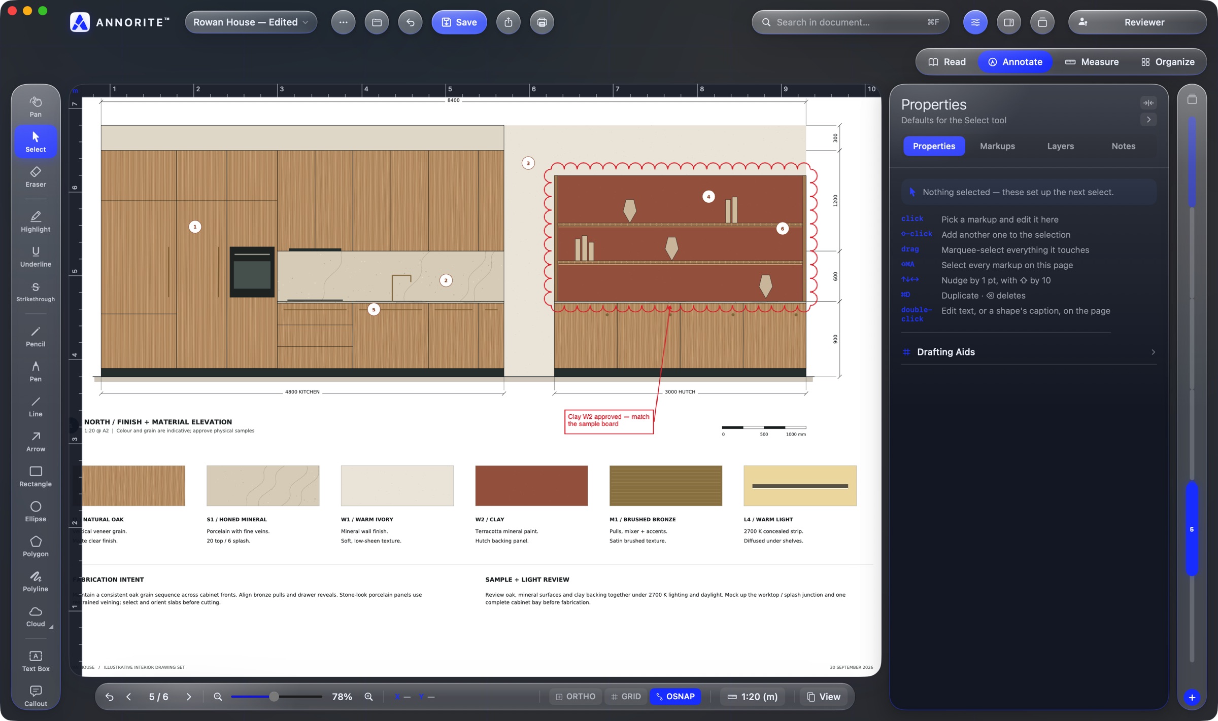 Annorite in its Night theme, on a coloured kitchen elevation with the hutch clouded and an accepted callout.